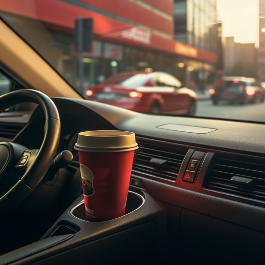 Drinking coffee when driving in the car